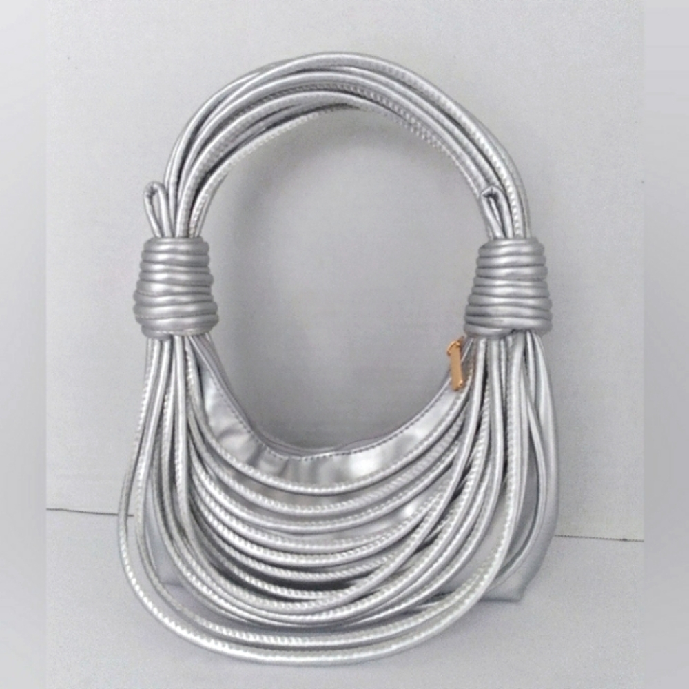 Metallic Silver Multi-Cord Statement‎ Handbag Modern Sculptural Design Evening